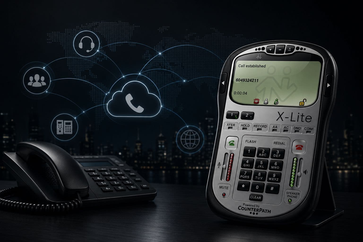 Enterprise Soft Phone interface showing dialpad and status
